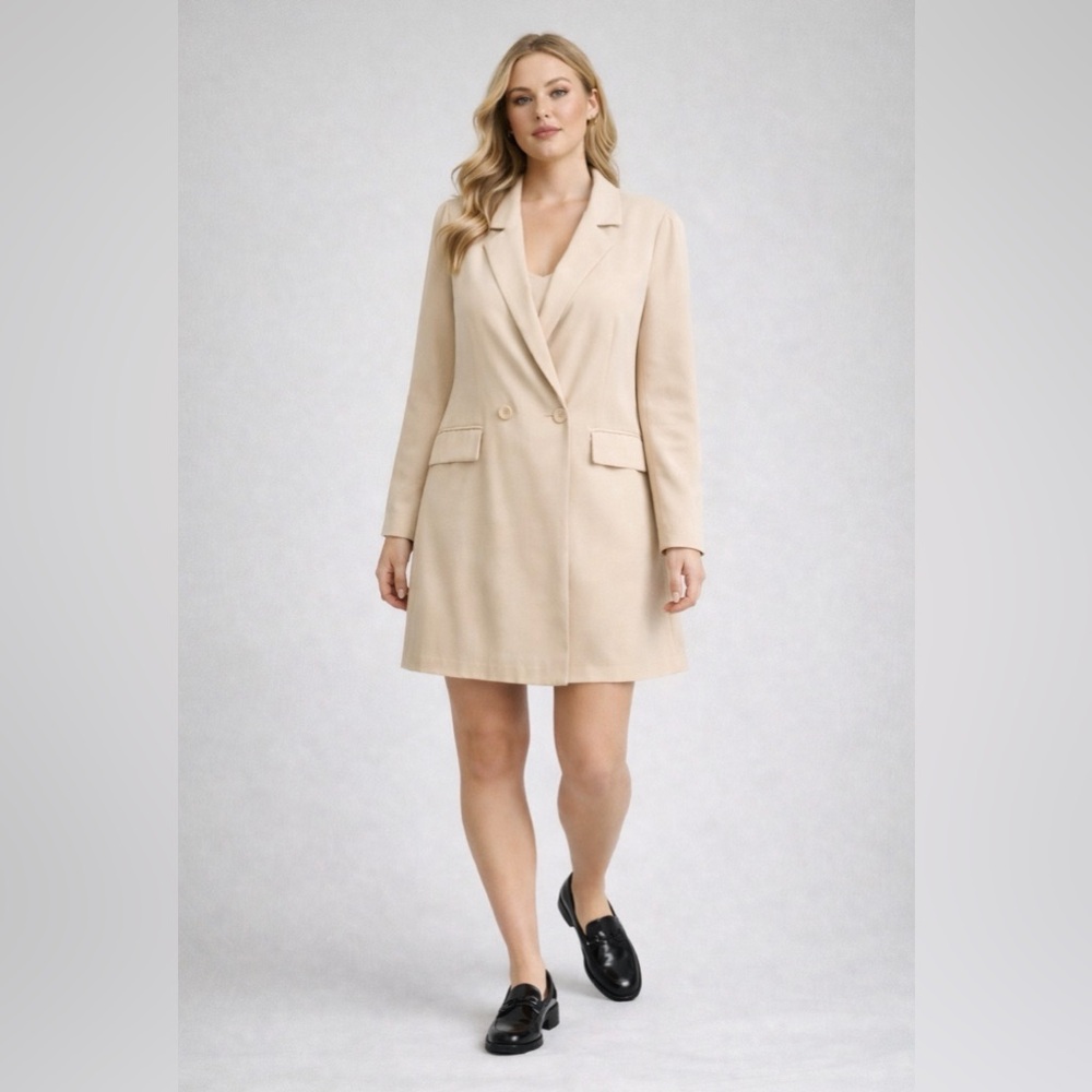 SHEIN Curve Double Breasted Long Sleeve Blazer Dress Beige ~ Size 0X